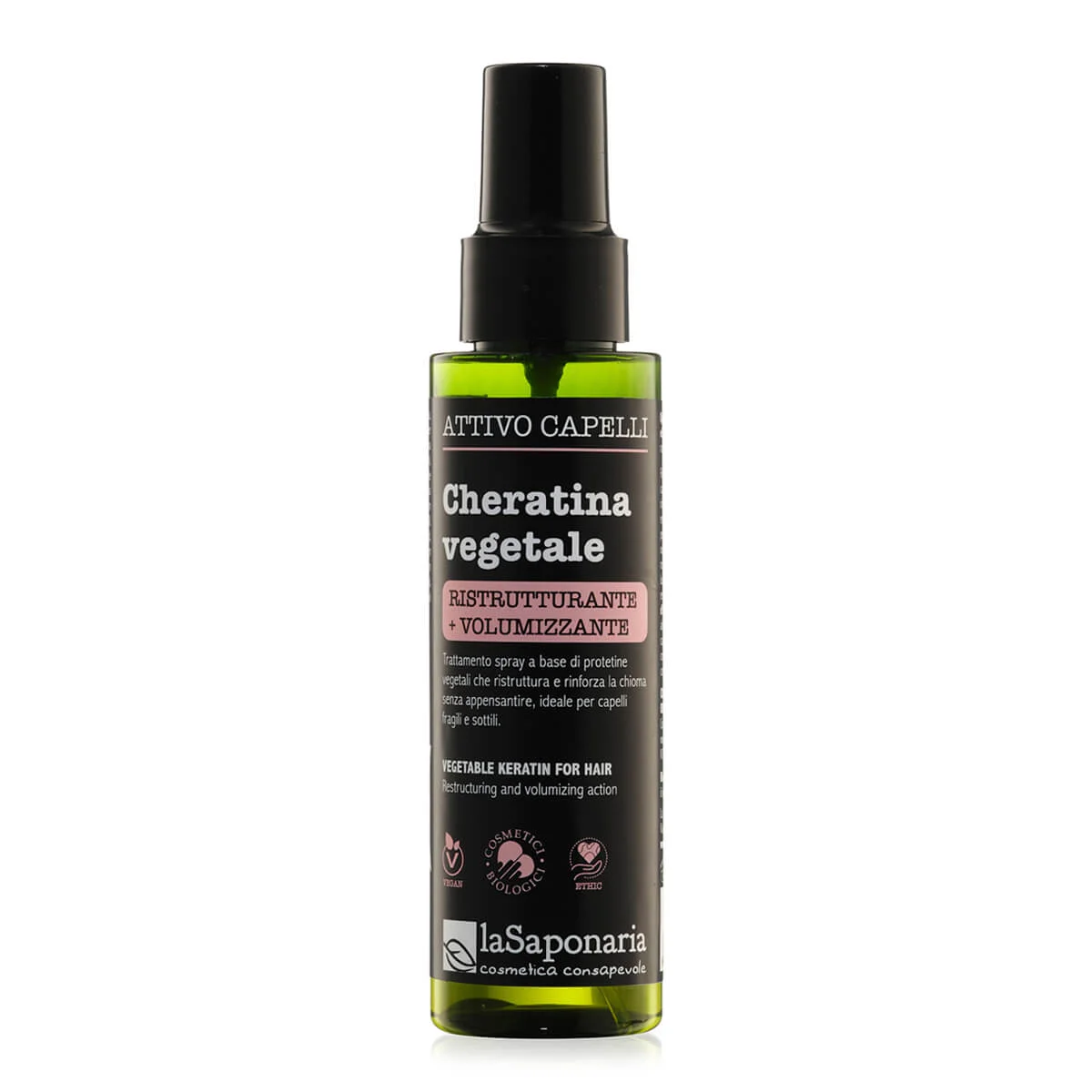 laSaponaria Cheratina vegetale per capelli - spray attivo ristrutturante e volumizzante (100 ml) - ideale per capelli danneggiati e fini
