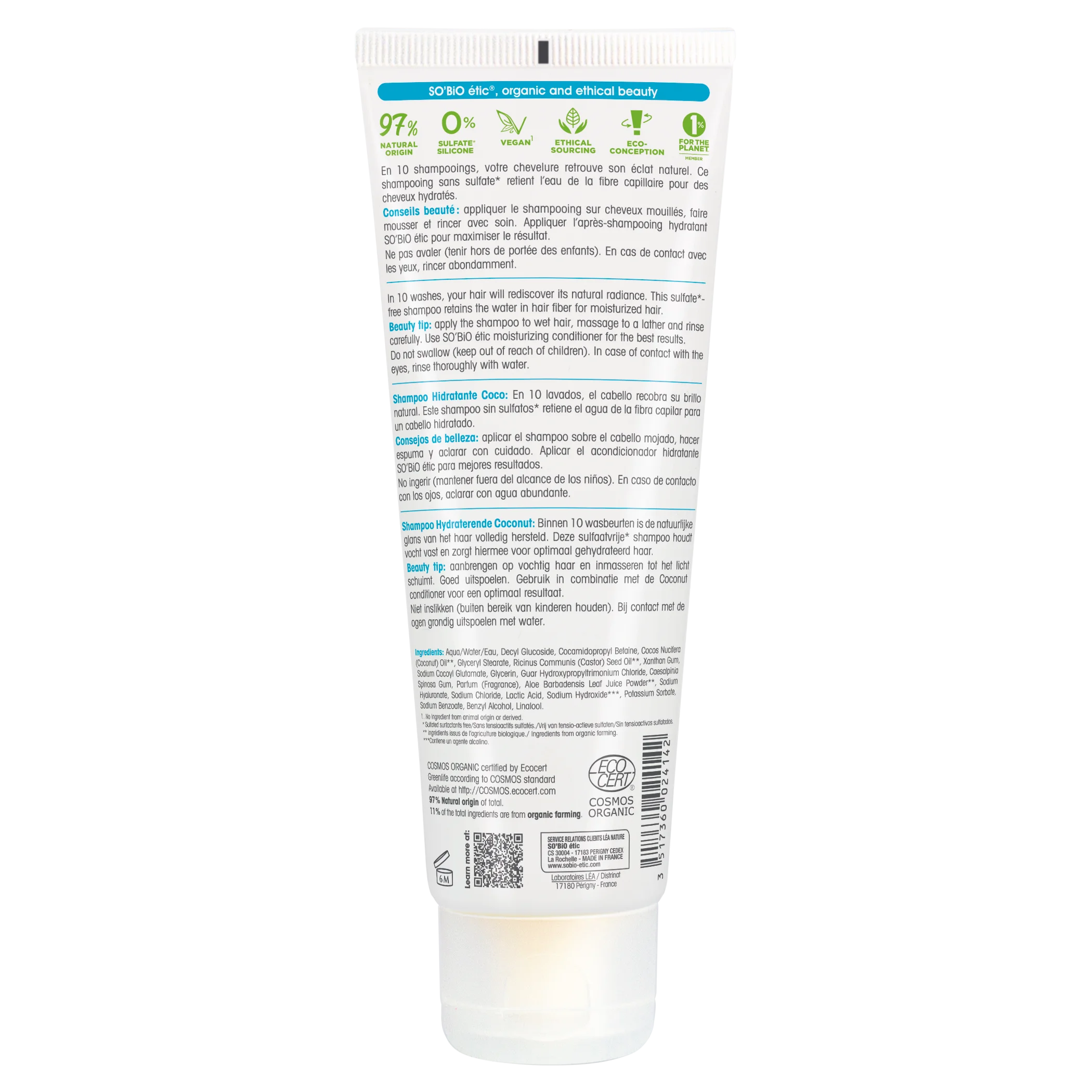 SO’BiO étic Shampoo idratante BIO con cocco e acido ialuronico (250 ml) - per tutti i tipi di capelli