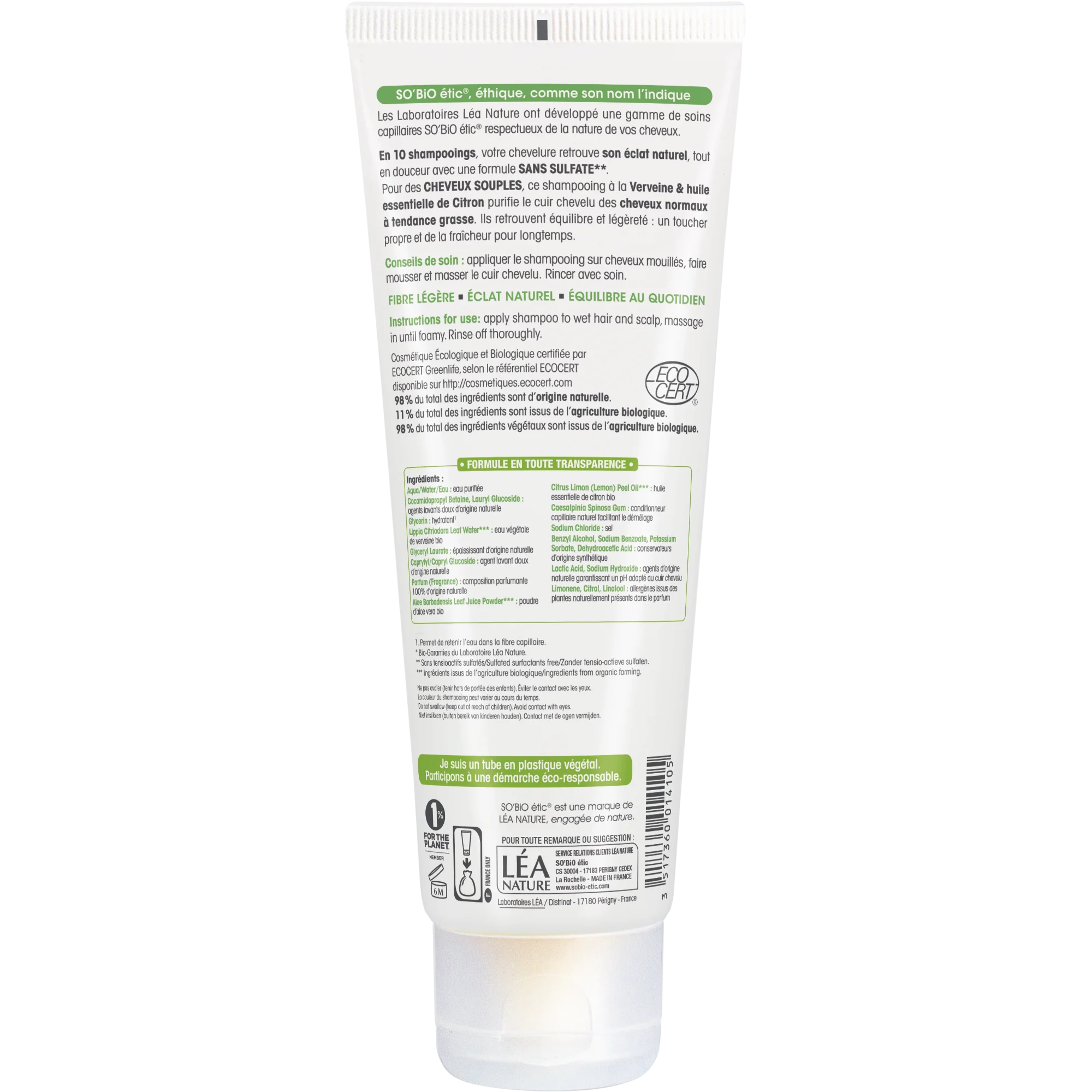 SO’BiO étic Shampoo delicato alla verbena e limone BIO (250 ml) - ideale per capelli grassi