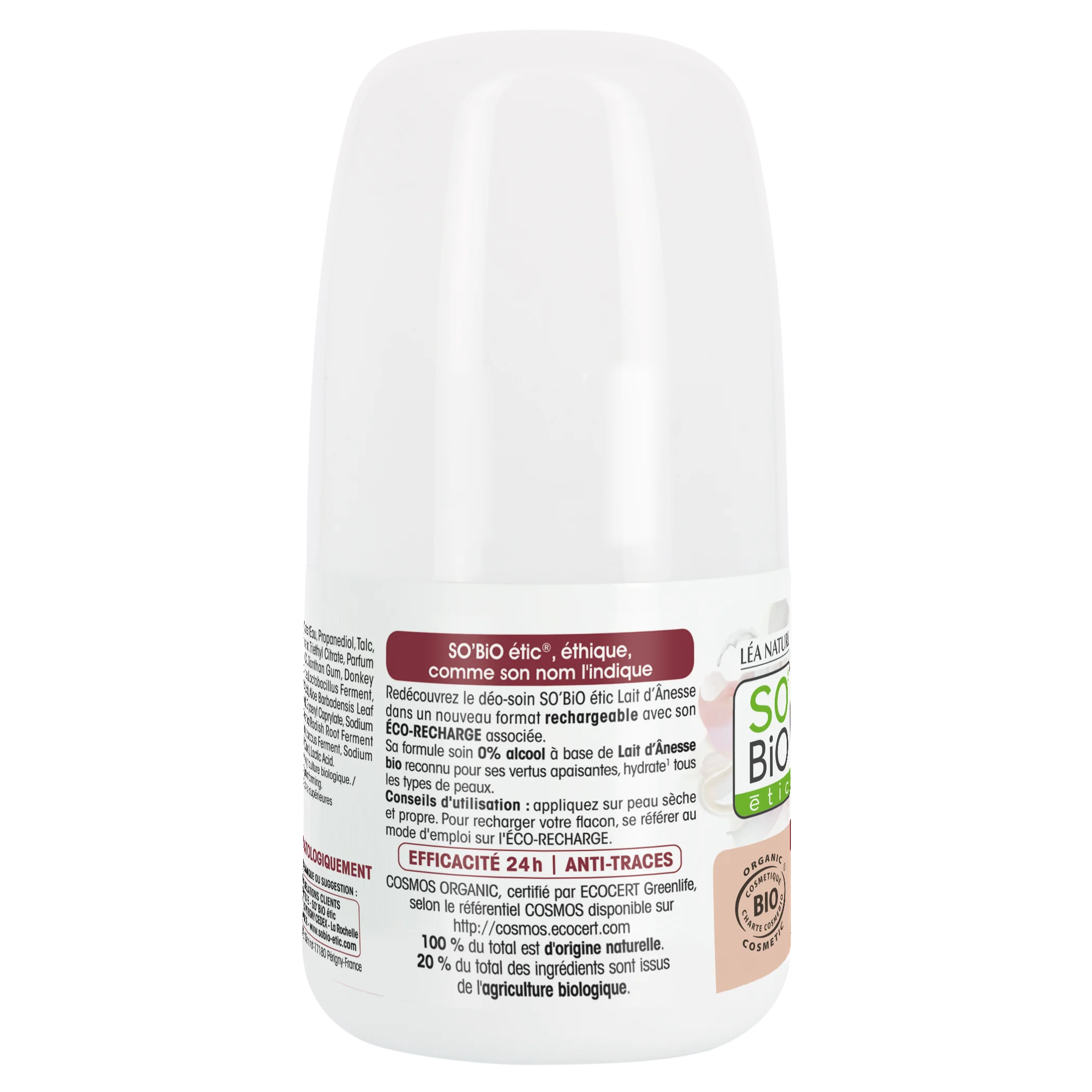 SO’BiO étic Deodorante roll-on idratante 24h al latte d'asina - ricaricabile BIO (50 ml) - anche per pelli sensibili