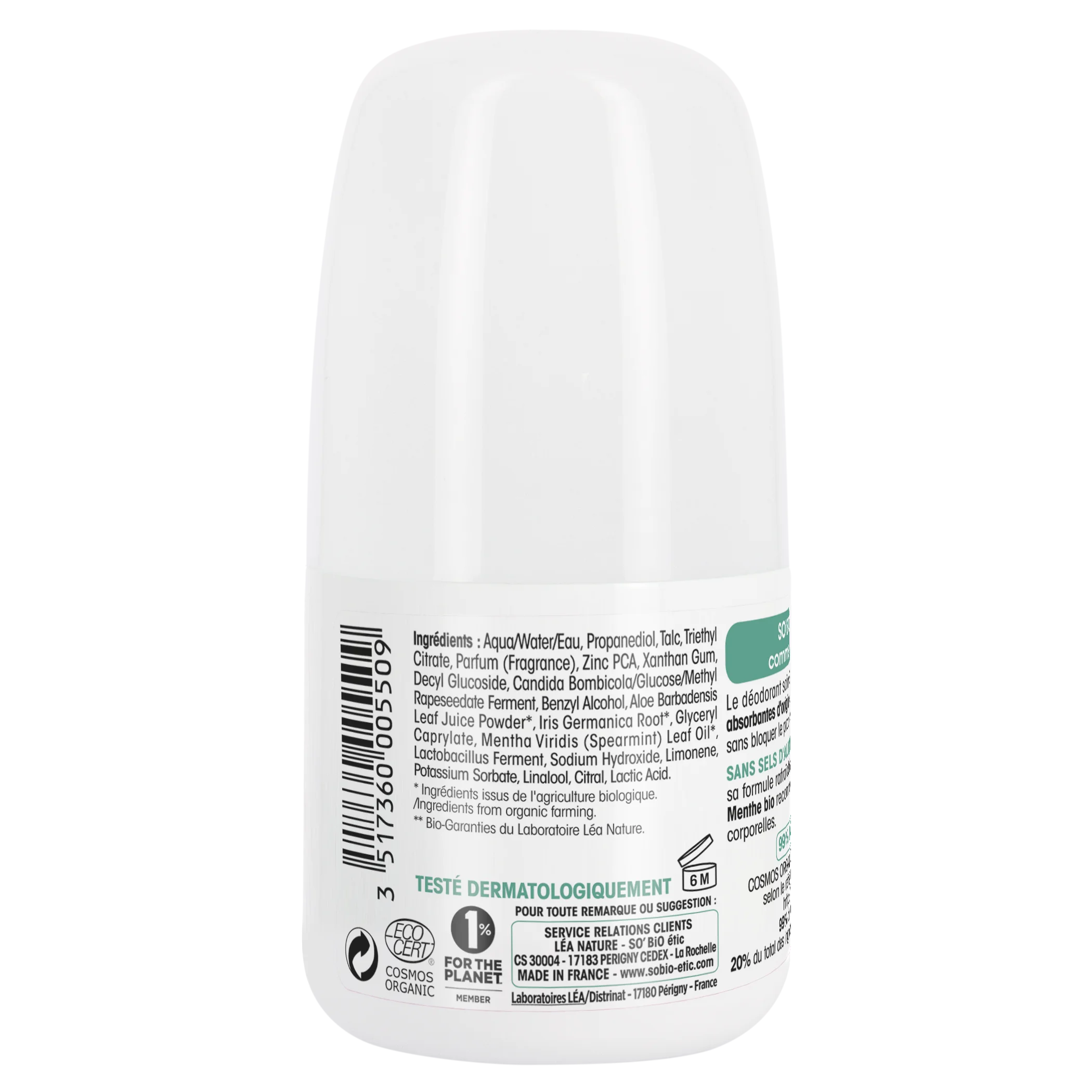 SO’BiO étic Deodorante roll-on 24h rinfrescante alla menta BIO (50 ml) - efficace fino a 24 ore