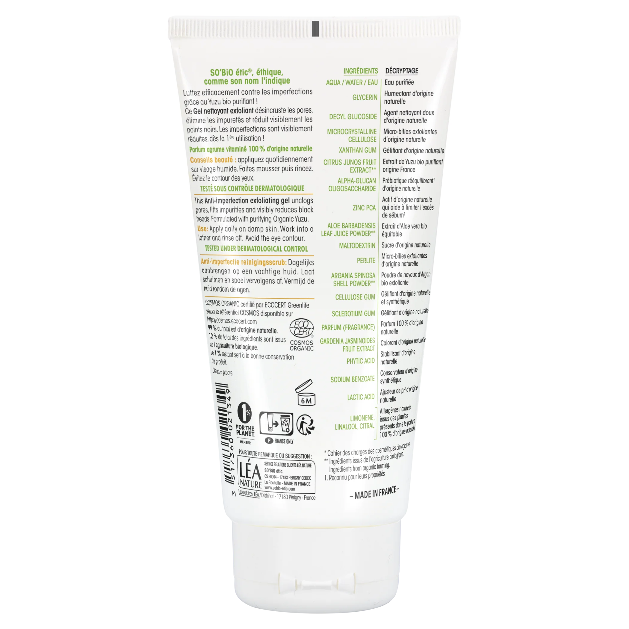 SO’BiO étic Gel esfoliante viso - Clean Yuzu BIO (150 ml) - ideale per pelli grasse