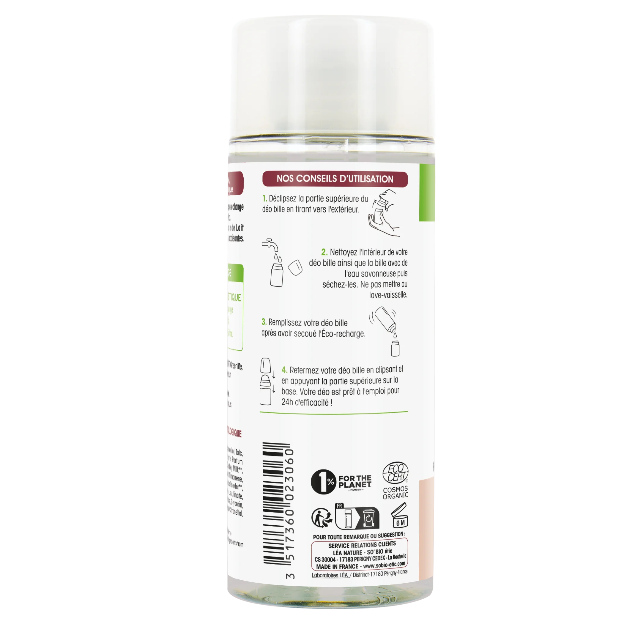 SO’BiO étic Ricarica per deodorante roll-on idratante 24 h al latte d'asina biologico (150 ml) - una ricarica sostituisce tre roll-on