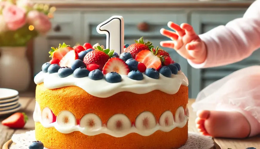 Torta di pan di Spagna leggera per un bambino di un anno piena di frutta